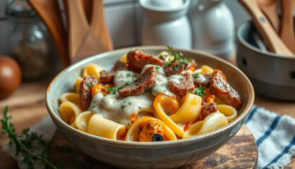 Cheesesteak Tortellini in Rich Provolone Sauce