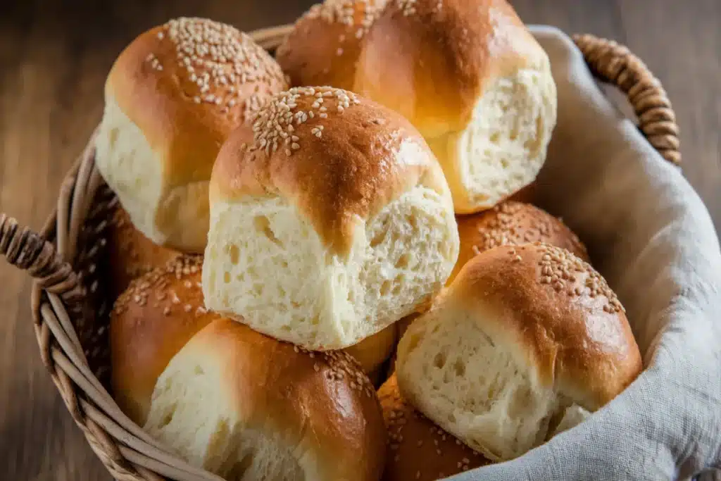 A basket filled with freshly baked fluffy breakfast rolls topped with sesame seeds. The golden brown crust contrasts with the soft, airy interior, making them look irresistibly delicious.