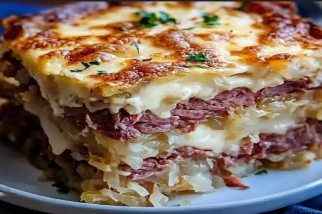 Reuben Bake with Layers of Corned Beef, Sauerkraut, and Swiss Cheese