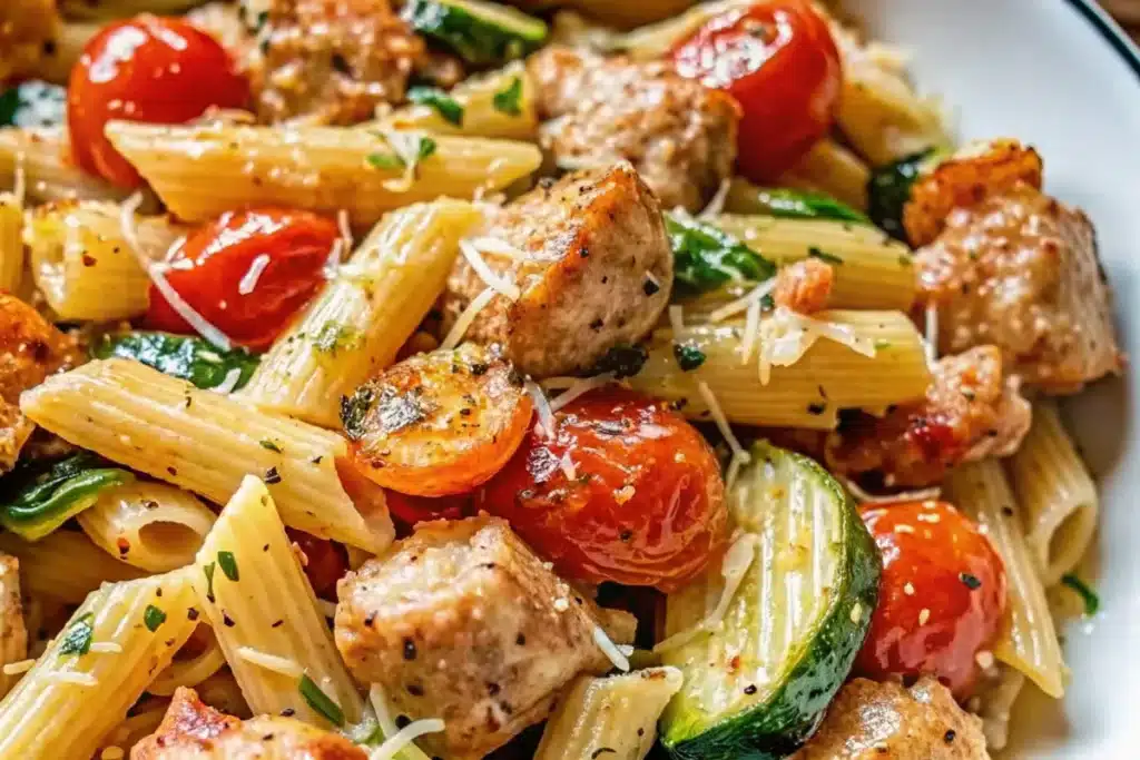Best Chicken Sausages with Zucchini, Tomatoes, and Pasta
