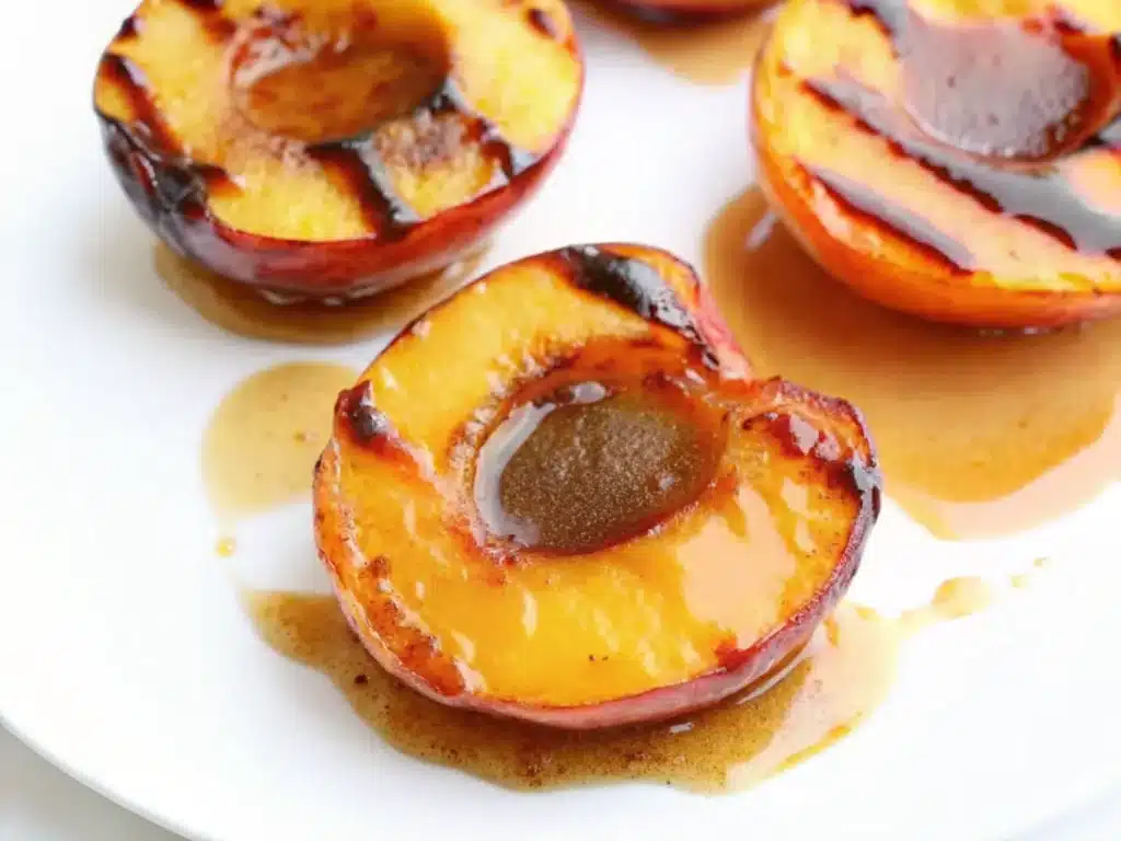 Grilled Peaches with Cinnamon Honey Sauce and mint leaves