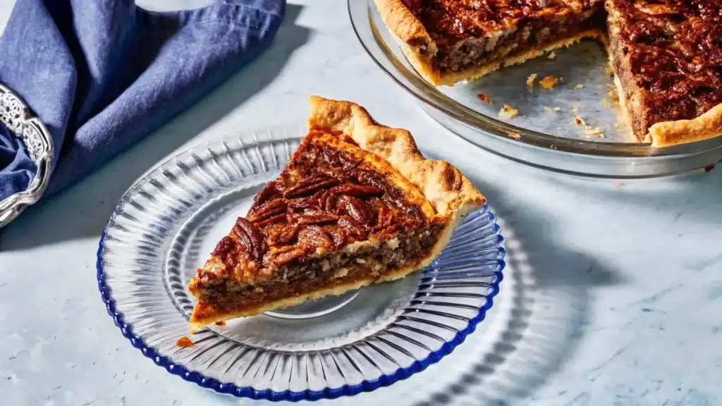 Overhead view of a whole chocolate bourbon pecan pie in a pie dish on a rustic wooden table