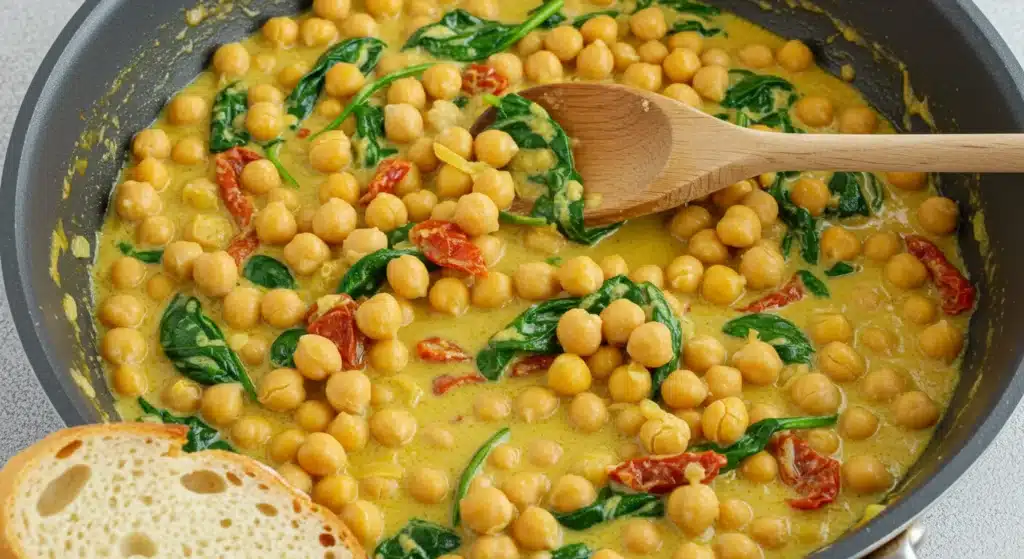 A creamy chickpea dish with sun-dried tomatoes and fresh herbs in a cast iron skillet