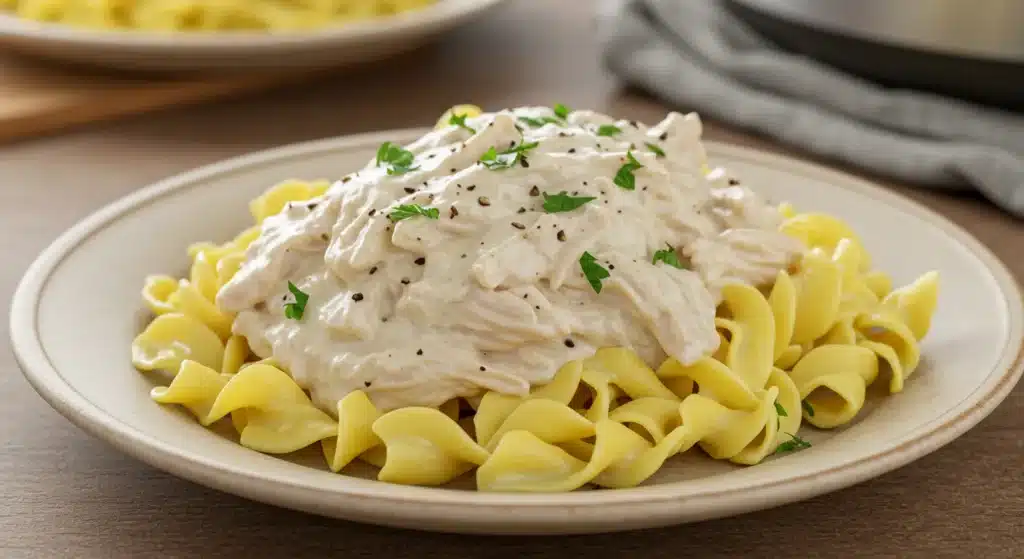 Slow cooked ranch chicken served in creamy sauce
