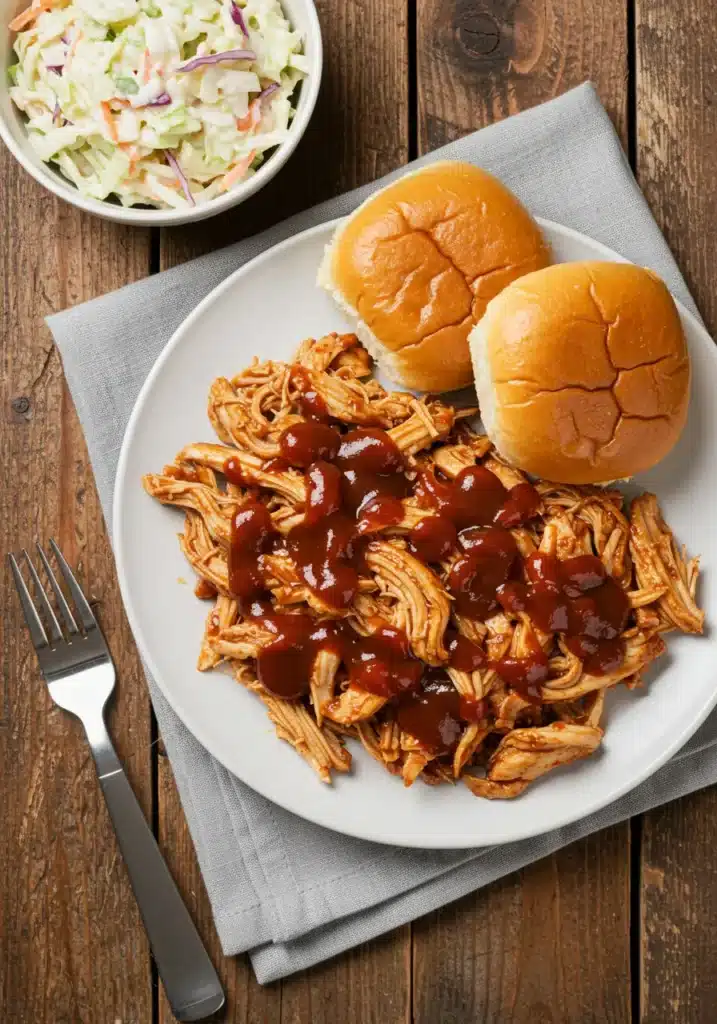 Side angle of shredded Easy Crockpot BBQ Chicken Recipes
