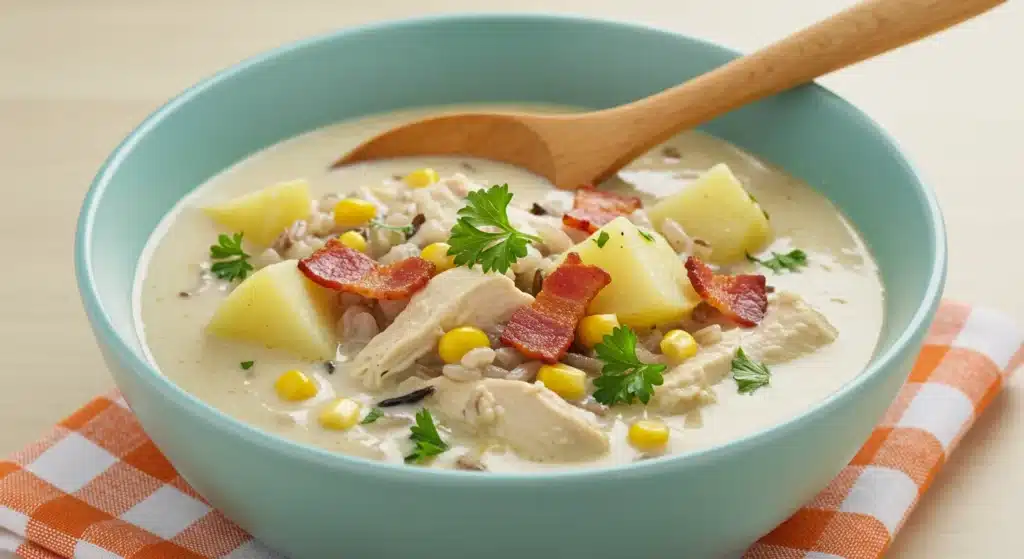 Creamy Crockpot Chicken Corn Chowder with chicken, corn, potatoes, and bacon