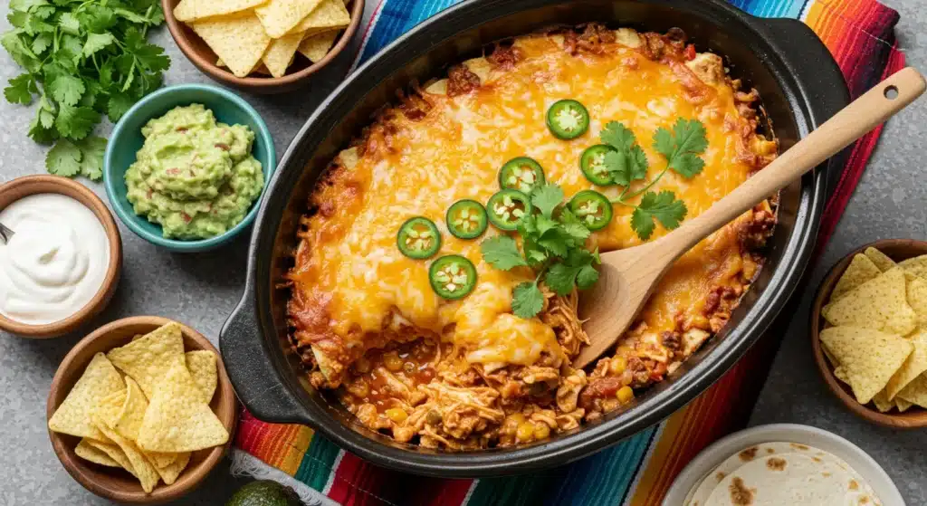 Slow cooker chicken enchilada casserole topped with melted cheddar and fresh cilantro in a rustic dish.