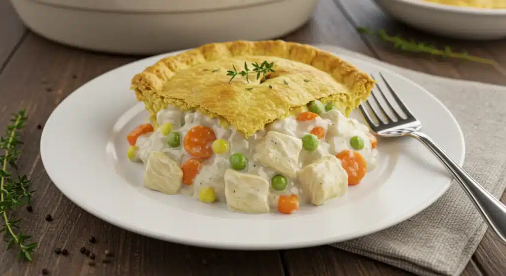 Homemade crockpot chicken pot pie with golden brown crust in baking dish