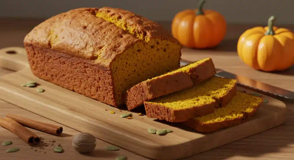 Freshly baked pumpkin bread sliced on board
