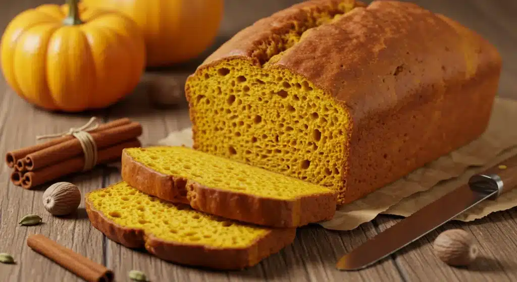 Freshly baked moist pumpkin bread loaf on rustic table