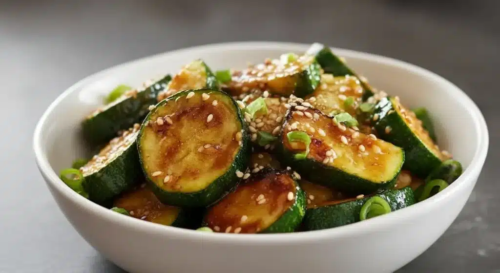 Top view of Hibachi Zucchini with golden seared slices garnished with sesame seeds and green onions