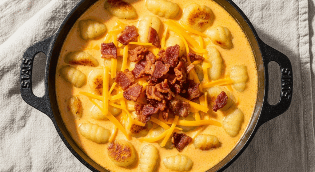Creamy Bacon Cheddar Gnocchi Soup served hot