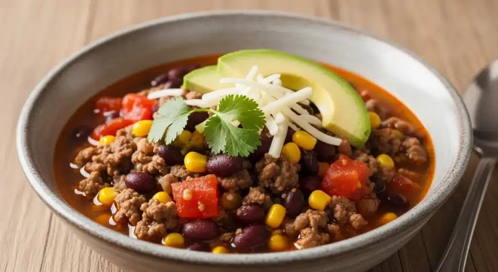 Hearty Beef Taco Soup with beans, corn, and tomatoes in a clean bowl ,12 High Protein Low Carb Soups