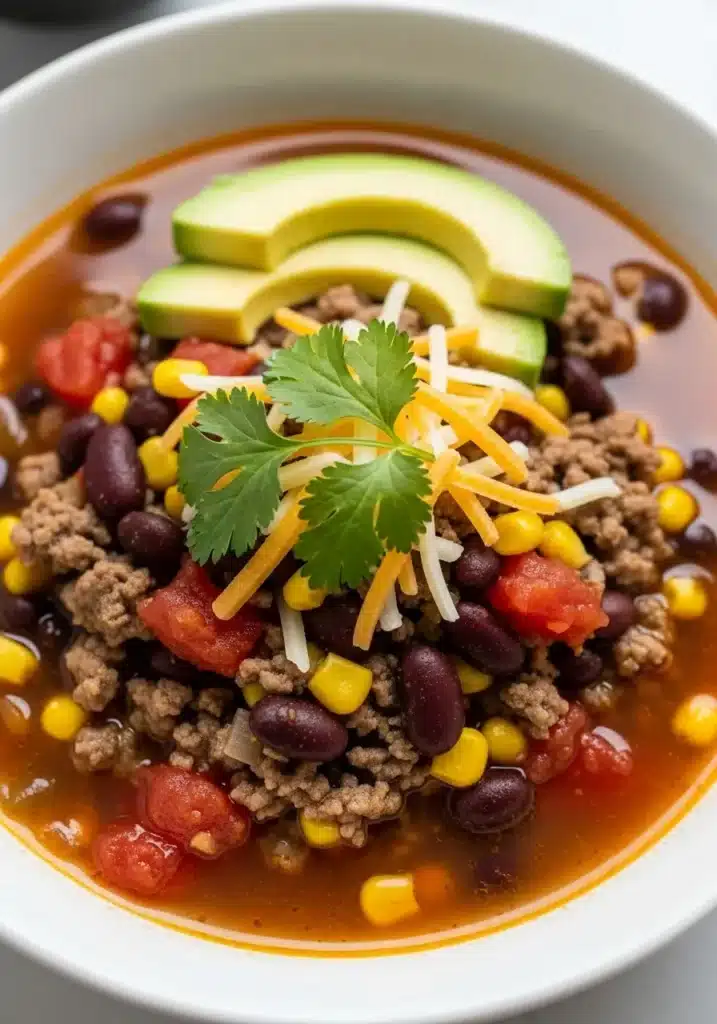Hearty Beef Taco Soup with beans, corn, and tomatoes in a clean bowl