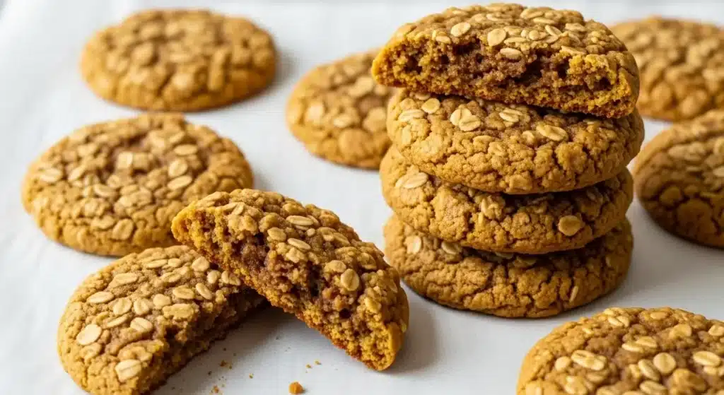 Soft, chewy brown butter pumpkin oatmeal cookies with a golden, spiced exterior.