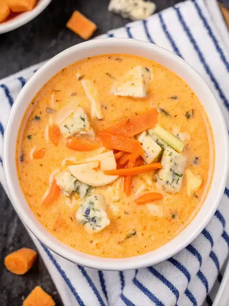 Bowl of Buffalo Chicken Soup with tortilla strips