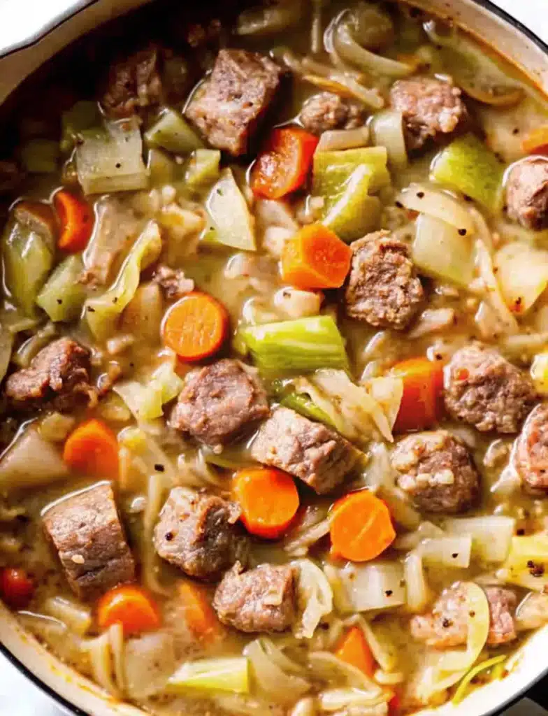 Bowl of Cabbage and Beef Soup topped with herbs for freshness