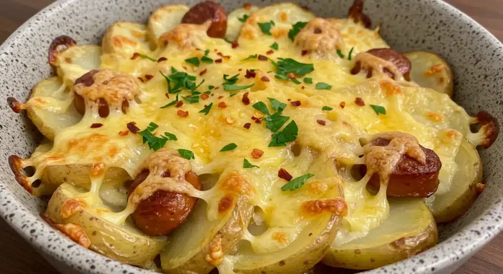 Final dish of Cheesy Ranch Potatoes and Smoked Sausage with parsley garnish