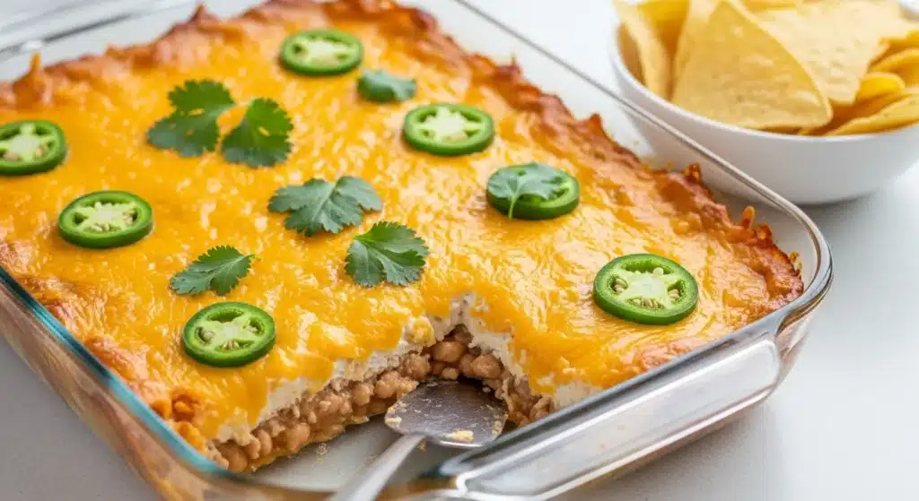 Golden cheesy Texas Trash Dip baked in a glass dish
