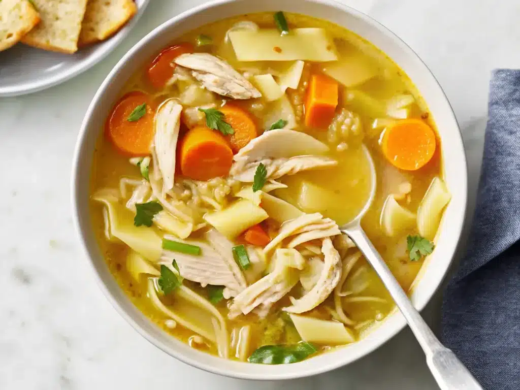 A warm bowl of chicken noodle soup with egg noodles, carrots, celery, and parsley garnish.