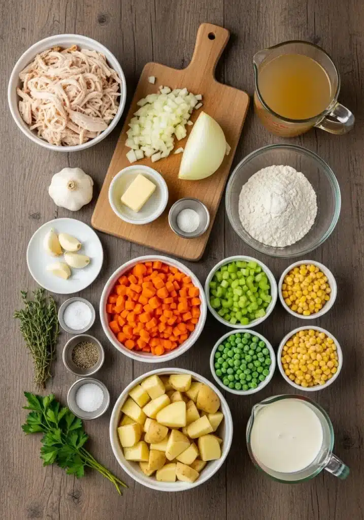 Raw vegetables, chicken, broth, and herbs