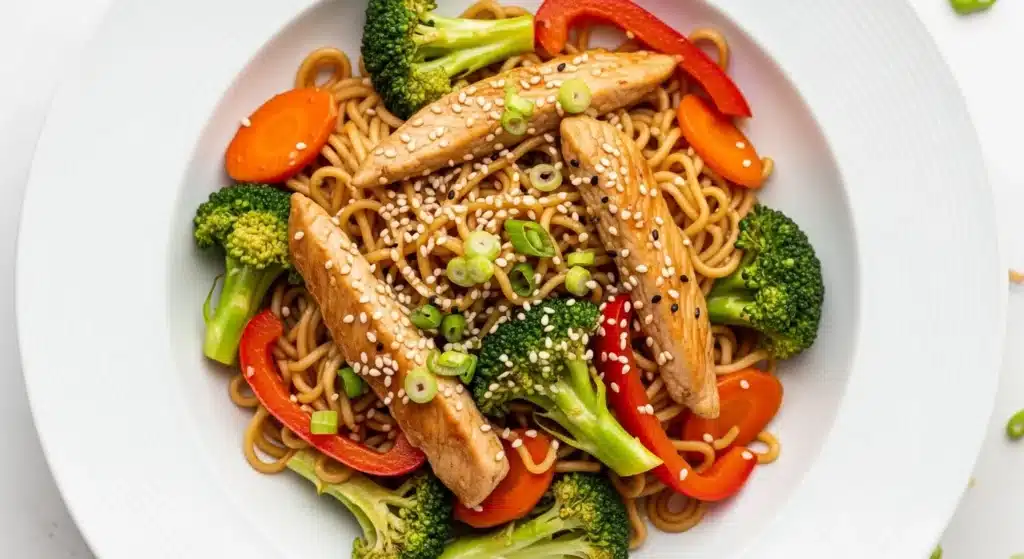 Chicken ramen stir fry with vegetables in savory sauce