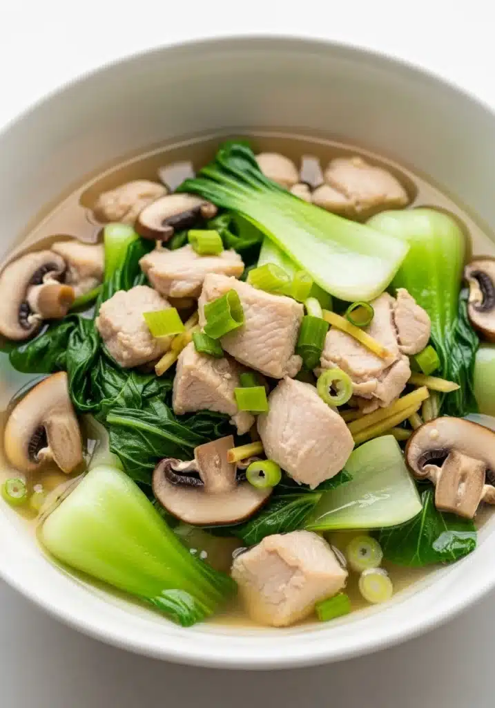 Close view of chicken and bok choy soup with ginger and mushrooms in bowl