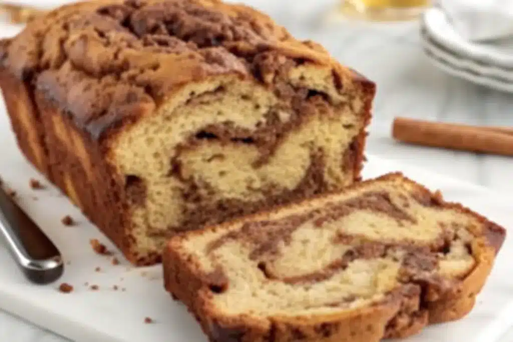 Freshly baked Cinnamon Swirl Banana Bread with Oil sliced on a wooden board