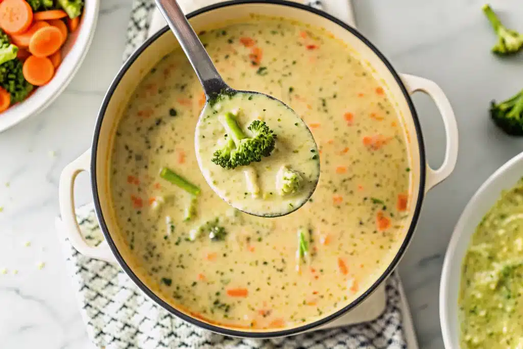 Golden broccoli cheddar soup with broccoli and carrots