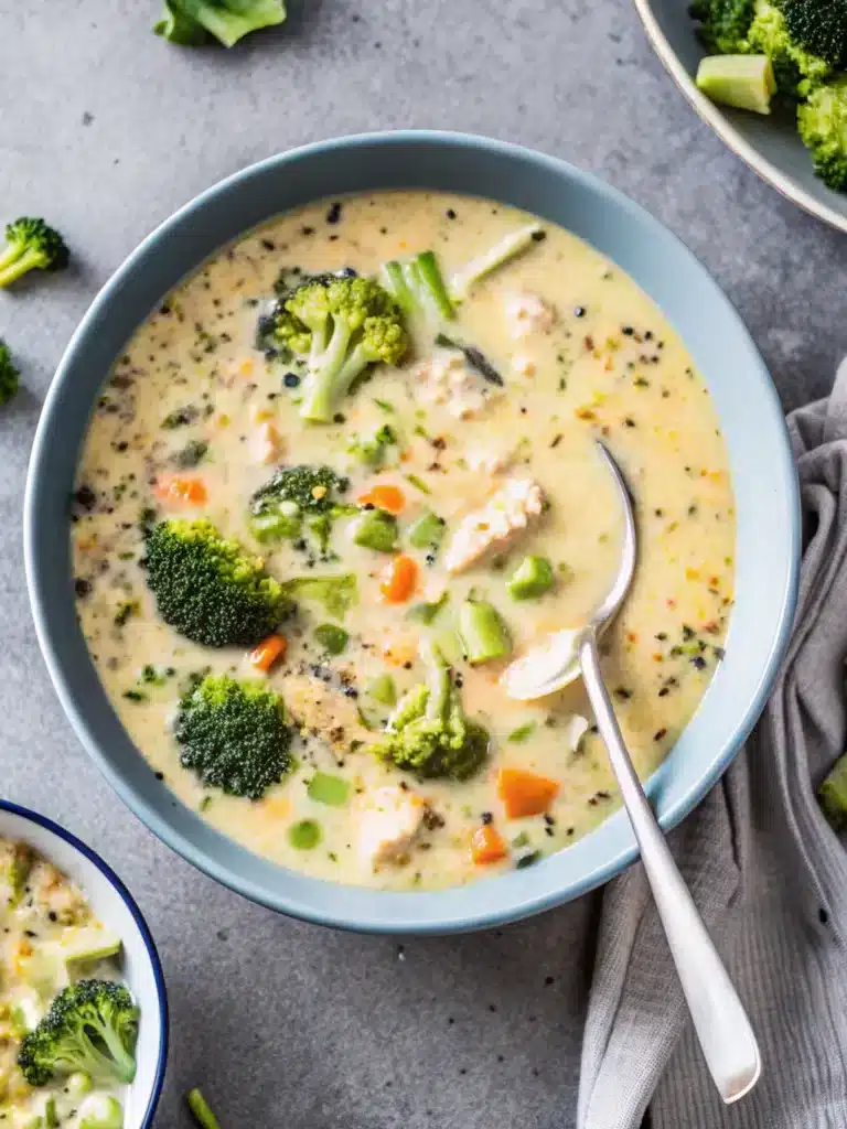 Creamy Chicken and Broccoli Soup in rustic bowl with chicken slices and broccoli submerged in creamy sauce
