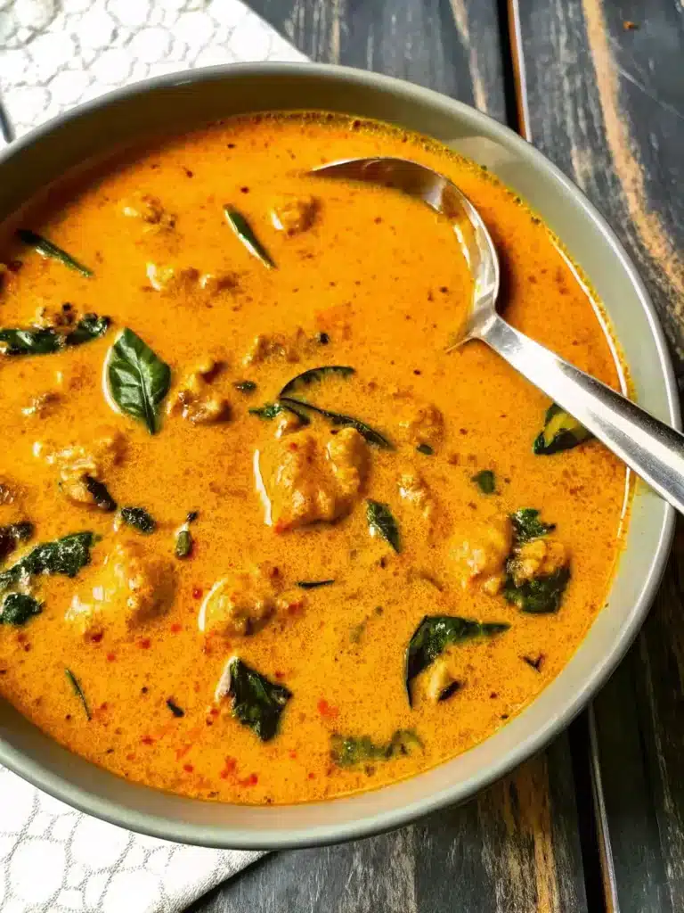 Bowl of creamy Italian chicken sausage soup with vegetables