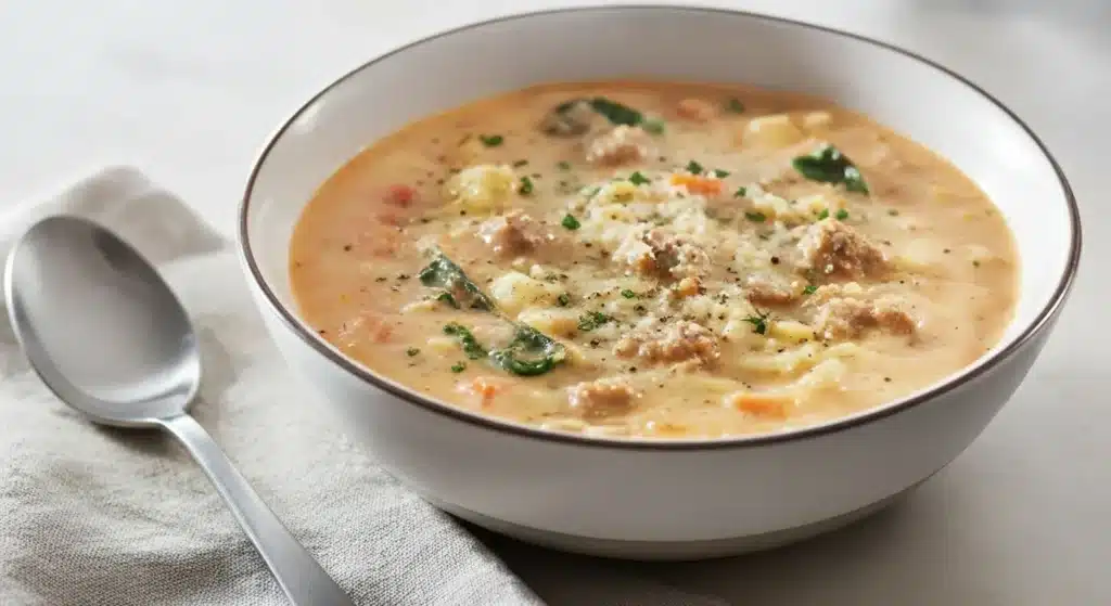 Close-up of creamy Italian sausage and potato soup in a dark bowl with parmesan and spinach