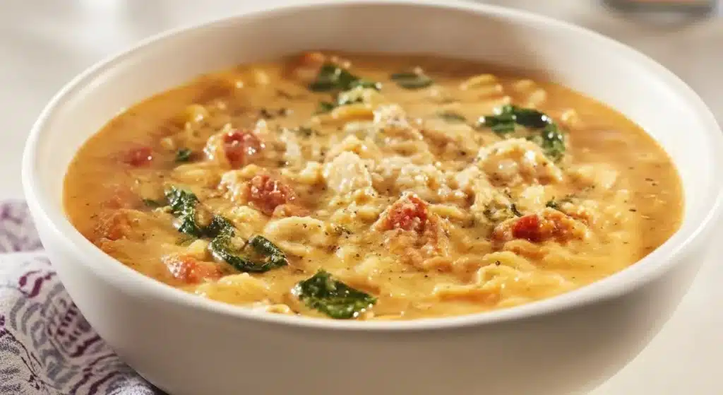 Bowl of Marry Me Chicken Soup with tender chicken, sun-dried tomatoes, and wilted spinach
