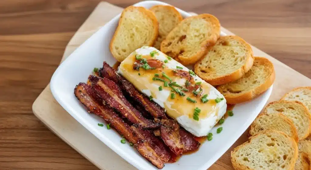 Million Dollar Bacon with creamy goat cheese and chives on a plate