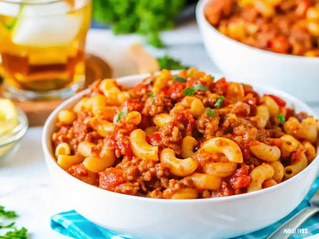 Bowl of Crock Pot American Goulash with pasta and cheese