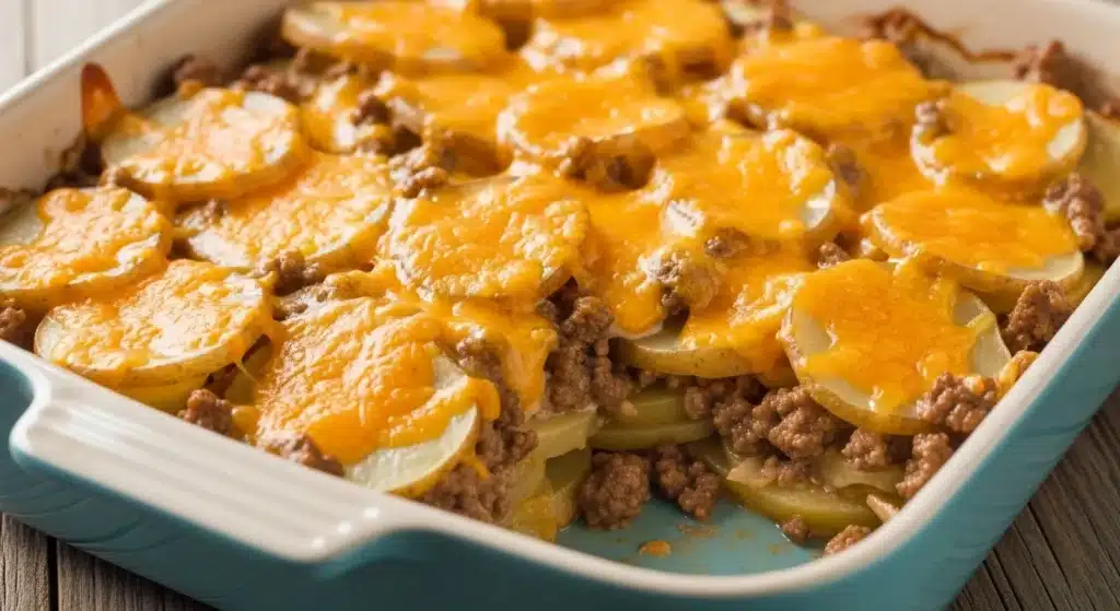 Finished Crockpot Hamburger Potato Casserole in a ceramic dish