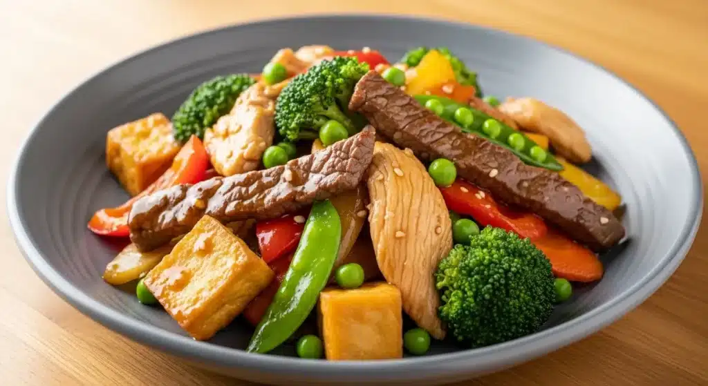 Stir fry with beef, chicken, tofu, and vegetables in glossy sauce
