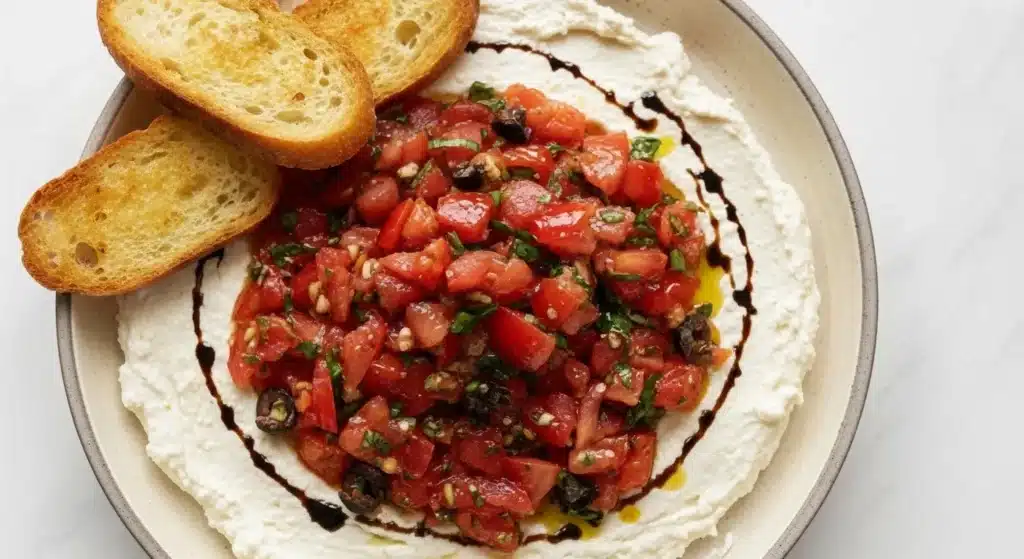 Bowl of fresh bruschetta dip with tomatoes, basil, and garlic