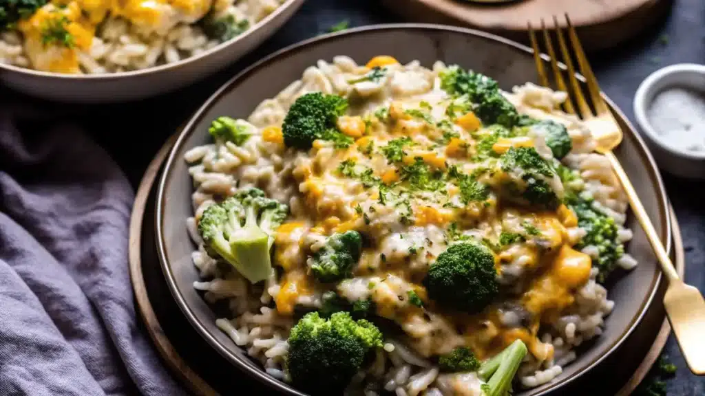 Finished Crockpot Creamy Broccoli Cheddar Chicken in bowl