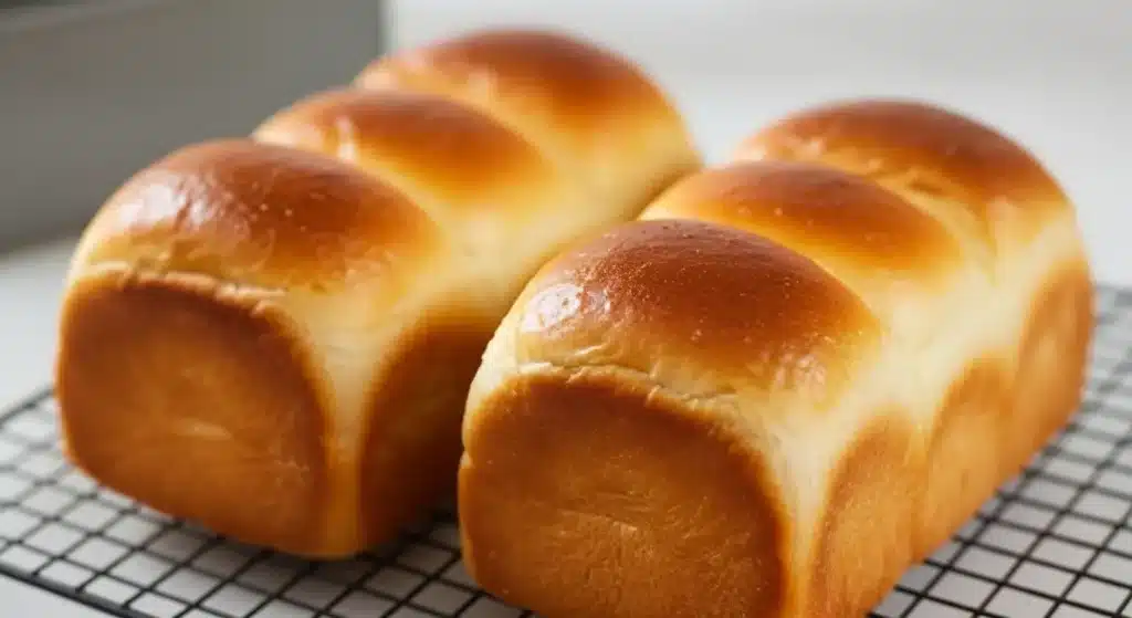 Golden Japanese Shokupan loaf cooling on a wooden board