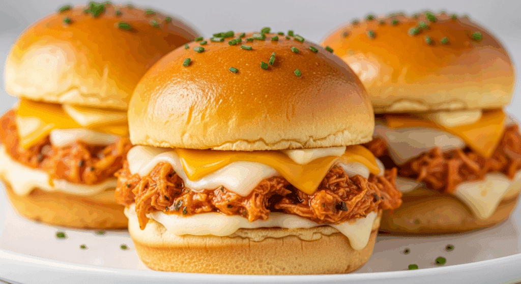 Final dish of Spicy Buffalo Chicken Sliders fresh from oven