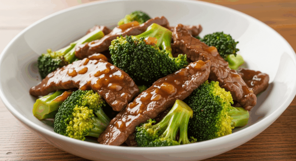 Glossy brown sauce coats beef and broccoli stir fry