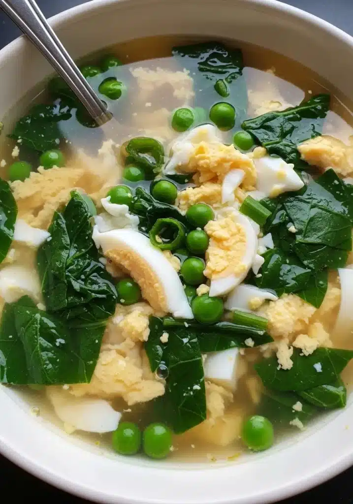 Close-up of Green Veggie and Egg Soup with spinach and bok choy
