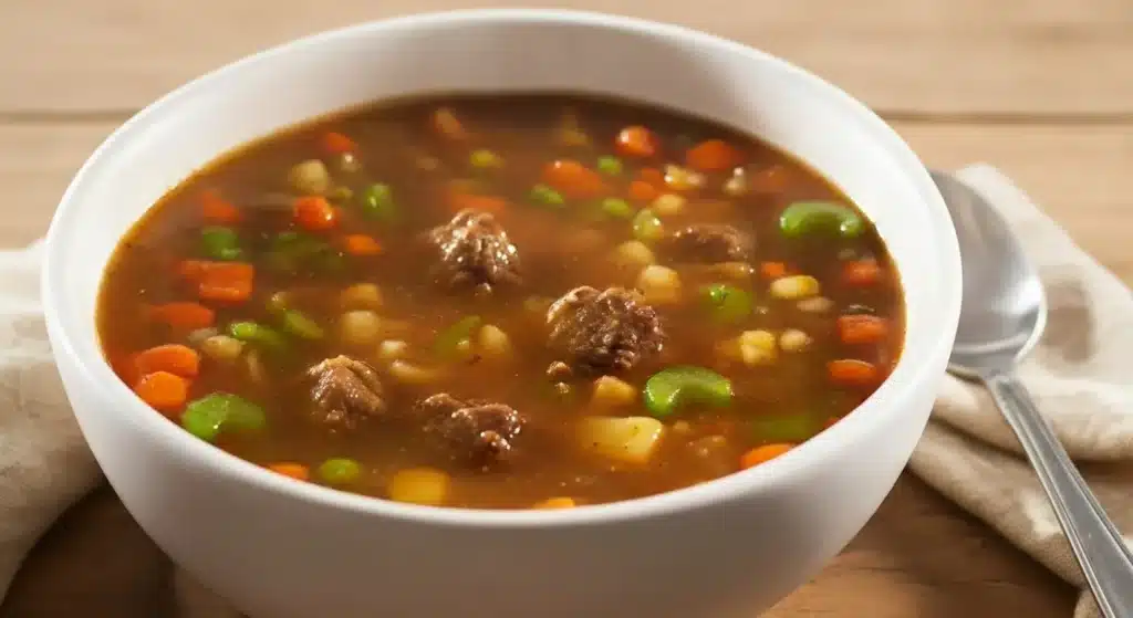 Large blue bowl of hearty vegetable beef soup with beef, potatoes, and mixed vegetables