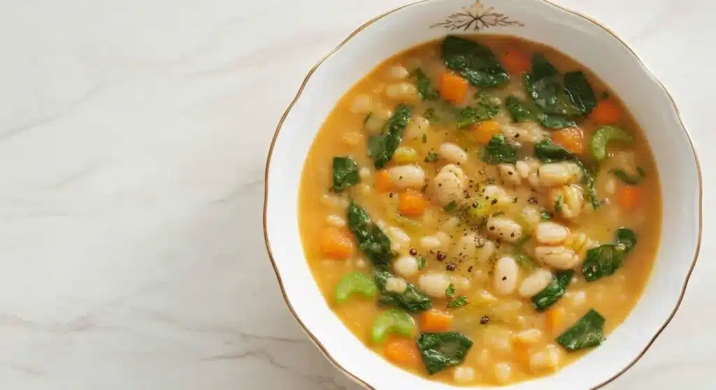A rustic bowl of creamy white bean soup with carrots, celery, spinach, and parsley garnish.