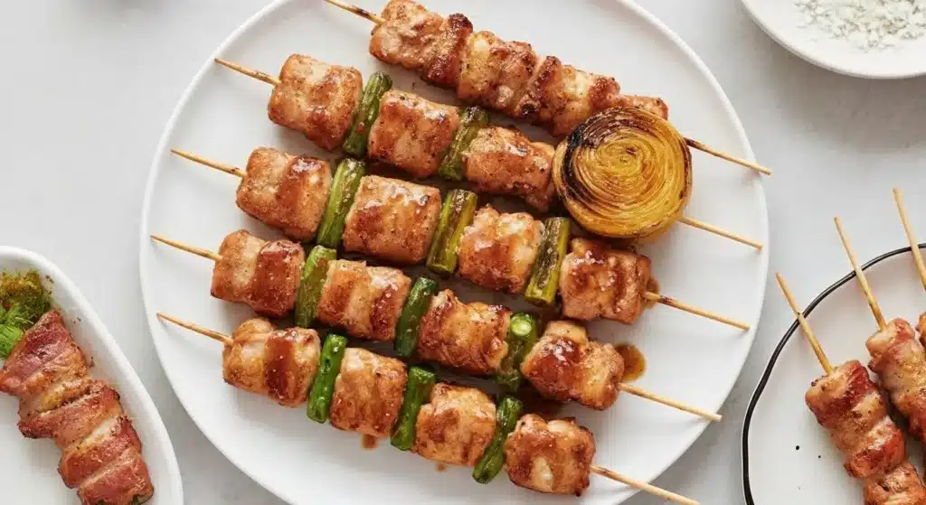 Juicy Japanese chicken yakitori skewers glazed with tare sauce on a plate