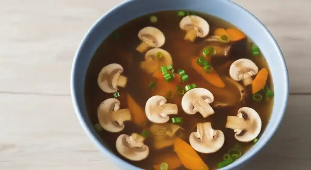 Crystal-clear Japanese soup with shiitake mushrooms, carrot slices, and green onions