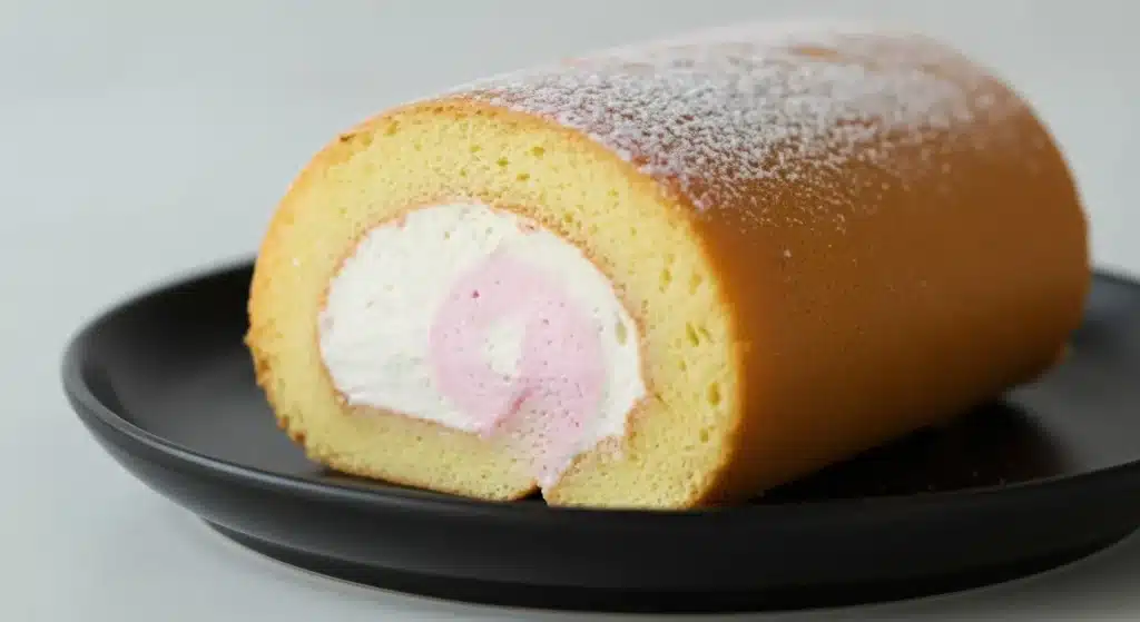 Fluffy Japanese sponge cake roll filled with cotton candy cream and dusted with sugar