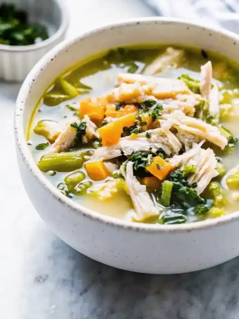 Low-Carb Chicken Soup garnished with parsley and zucchini pieces