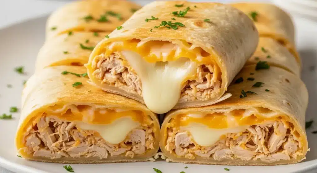 Close-up of Ooey-Gooey Cheesy Garlic Chicken Wraps with cheese pull